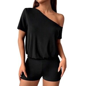 SHEIN Black Off Shoulder Romper Size Small Asymmetrical‎ Minimalist
